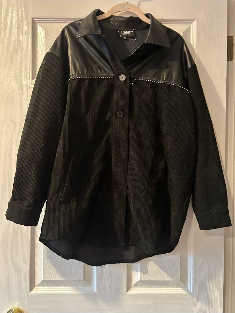 Kittenish Black Faux Leather Trim Shacket